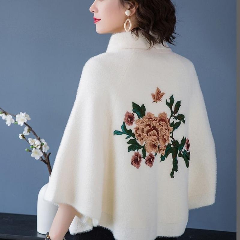 Autumn and winter warm little cloak fashionable and versatile cape jacket women's round neck embroidered top