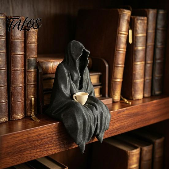 Dark Aesthetic Room Accessories Hooded Ghost Resin Figurine, Mysterious Faceless Statue with Coffee Cup, Gothic Decor Weather Resistant Patio Art for