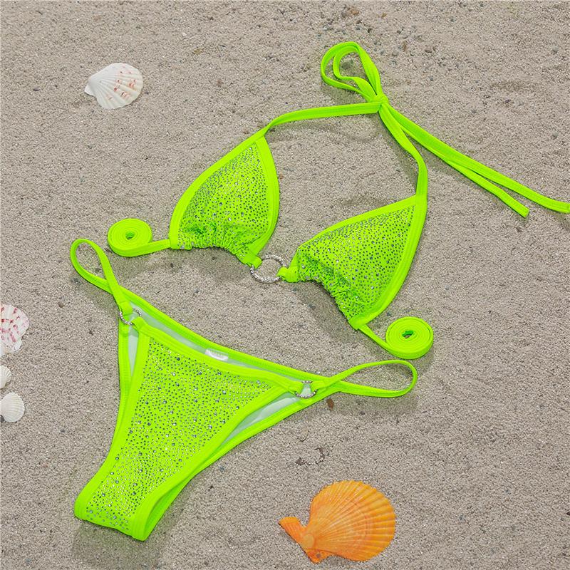 Sexy Halter Shining Rhinestone Bikini Women Swimwear Female Swimsuit Two-pieces Bikini Set Micro Bather Bathing Suit