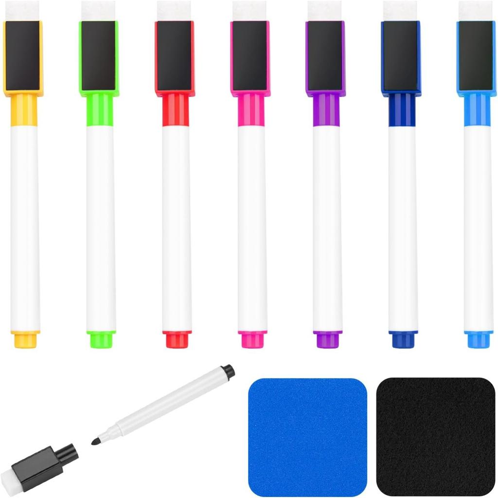 8 Pcs Colorful Magnetic Dry Erase Markers with Eraser,White Board Mini Dry Erase Markers with Eraser Cap,Fine Point Tip Student White Board Markers