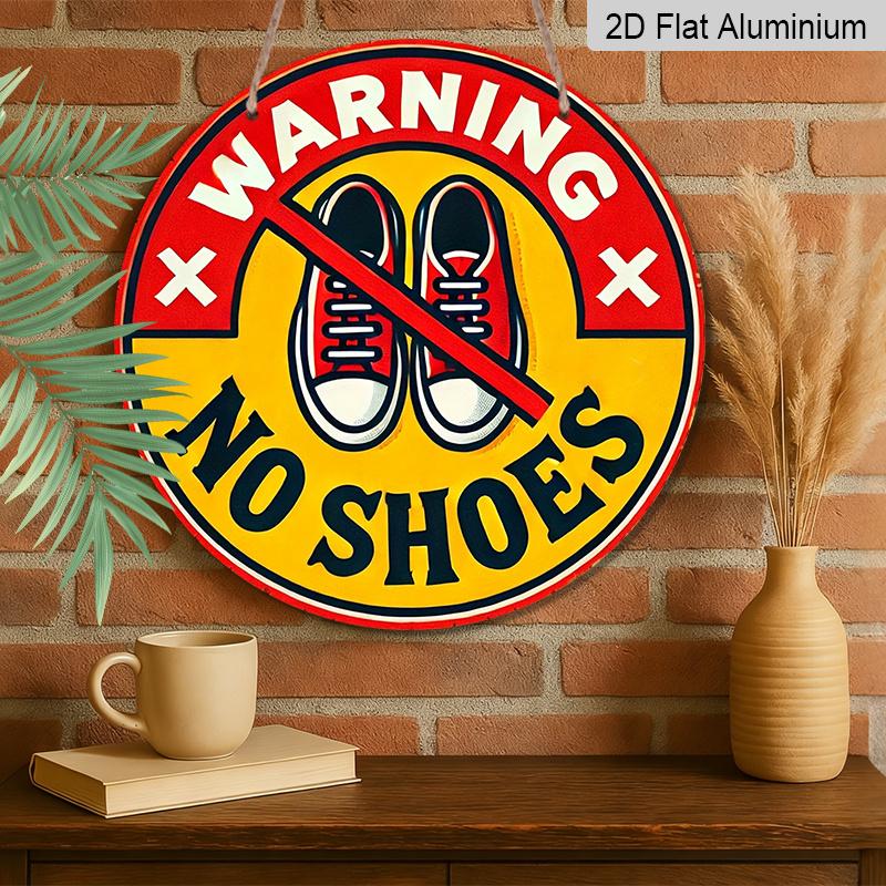 2D Flat, 1pc Round Warning No Shoes Aluminum Hanging Sign, Retro Red Yellow Remove Shoes Metal Wall Decor, Waterproof Door Sign for Home, Entryway