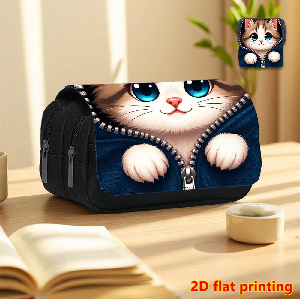 Cute Big-Eyed Cat 2D Printed Double-Layer Flip-Top Black Pencil Case - Back-to-School Essential Pencil Box, Daily Multi-Functional Makeup Bag, Large-C