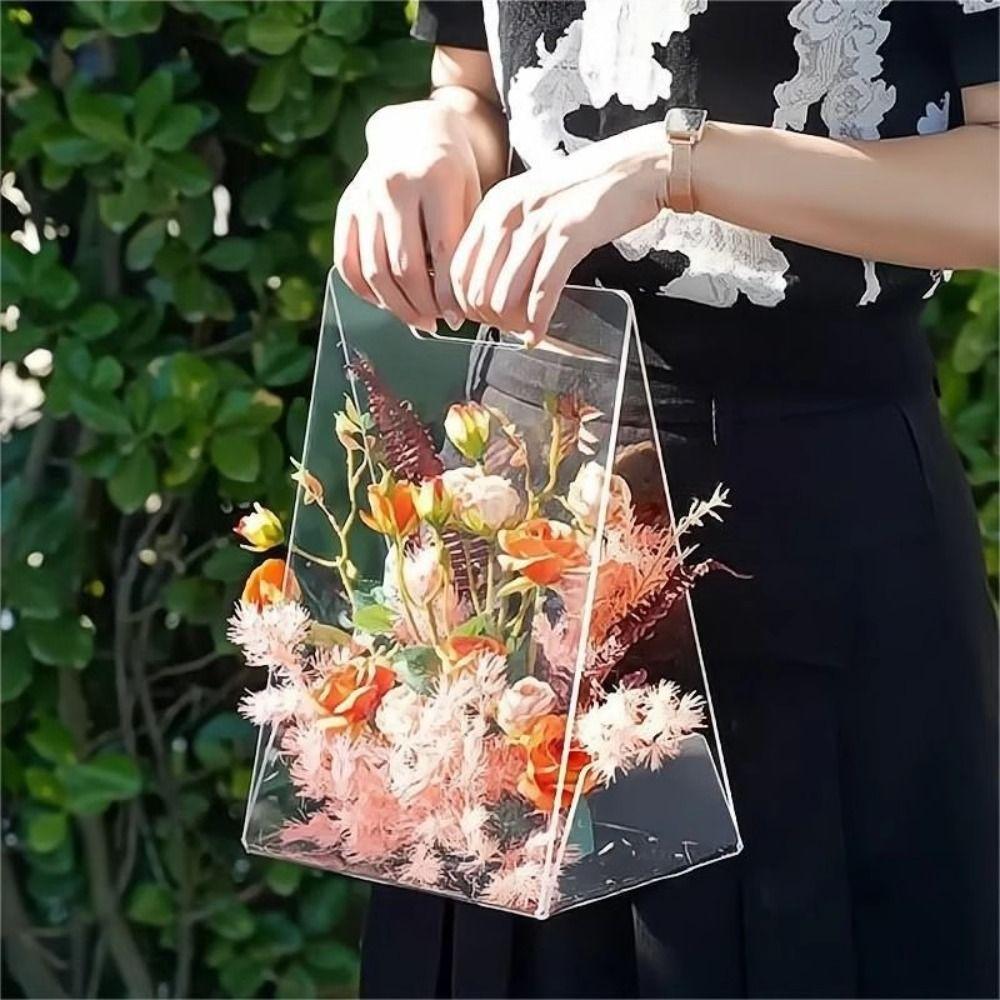 Transparent Acrylic Flower Box Hand Bag Packing Material Bouquet Wrapping Bag Reusable Portable Flower Bag Wedding Party