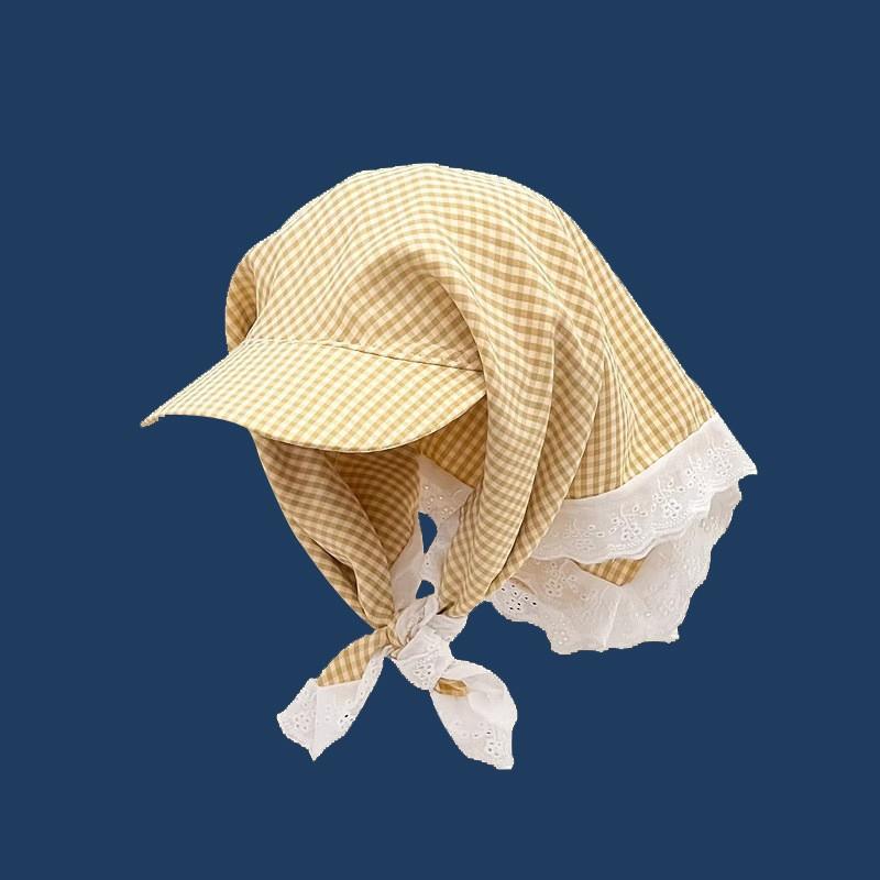 Korean Strap Headscarf Cap Pastoral Triangular Cap Women Summer Sun Protection Plaid Hip Hop Sun Visor