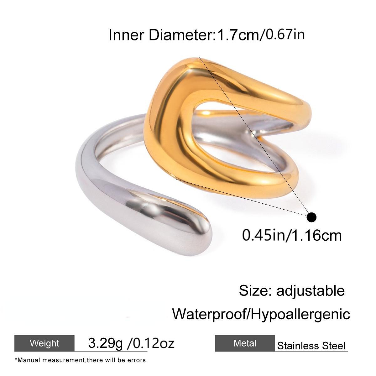 18K Gold - Plated Stainless Steel Rings Vintage Curve Geometric Curved Ring Tarnish Free Fashion Unisex Zircon Gift resizable