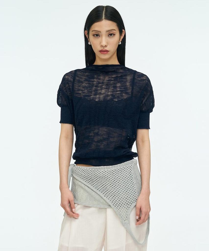 Anggae Wave Knit Half Sleeve Top Navy
