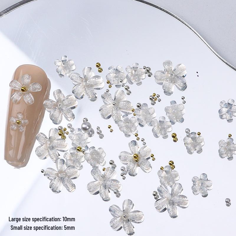 2025 Popular Glitter Resin Five-Petal Flower Nail Art Decorations with 3D Rhinestones 6mm-About 100 pieces/bag