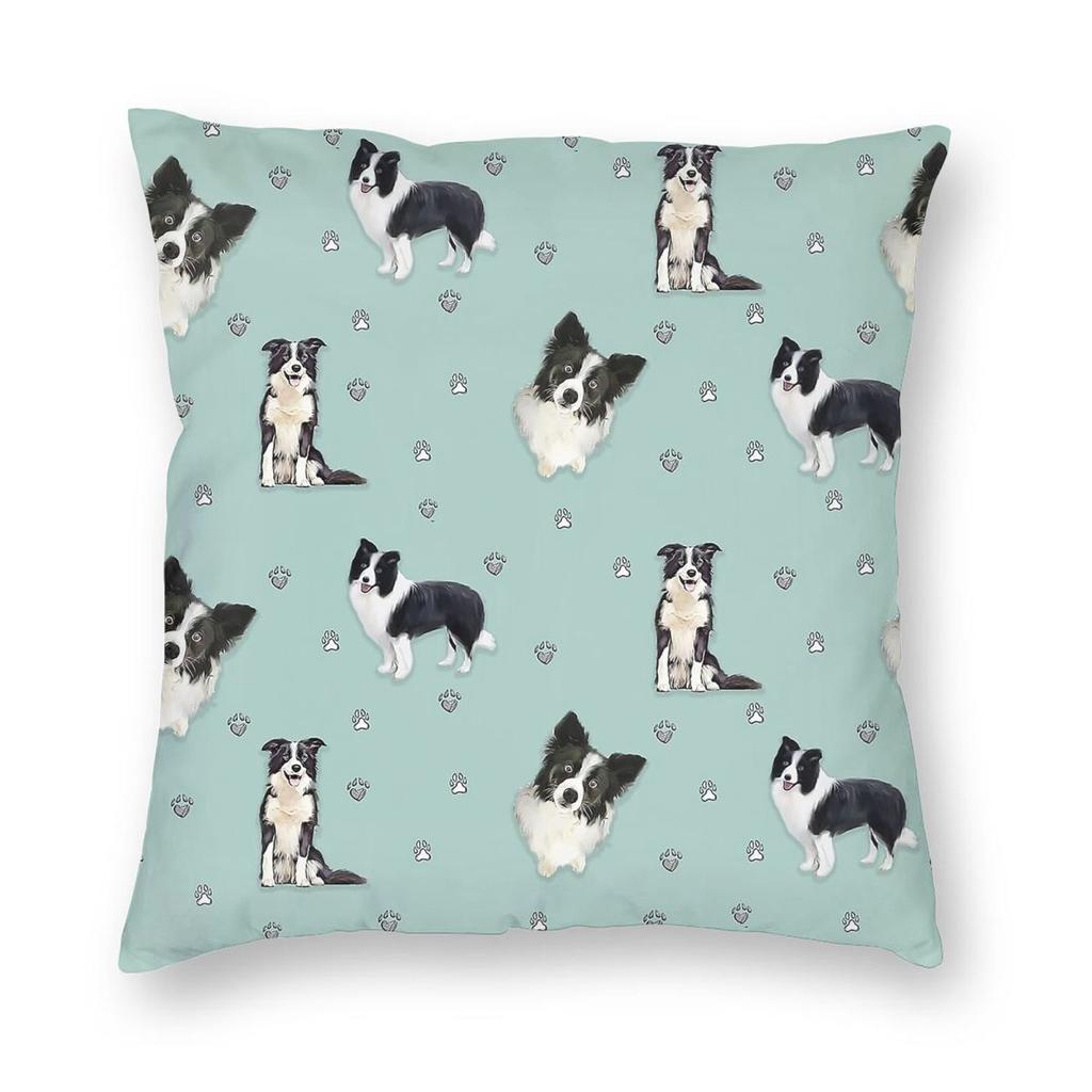 Border Collie Blaue Quadratische Kissenhülle Polyester Leinen Samtmuster Reißverschluss Dekorative Auto-Kissenhülle