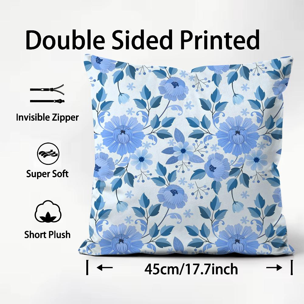 Elegant Blue Floral Cushion Cover Pattern Printed Pillowcase for Living Room Sofa Cushion Cover & Bedroom Decor