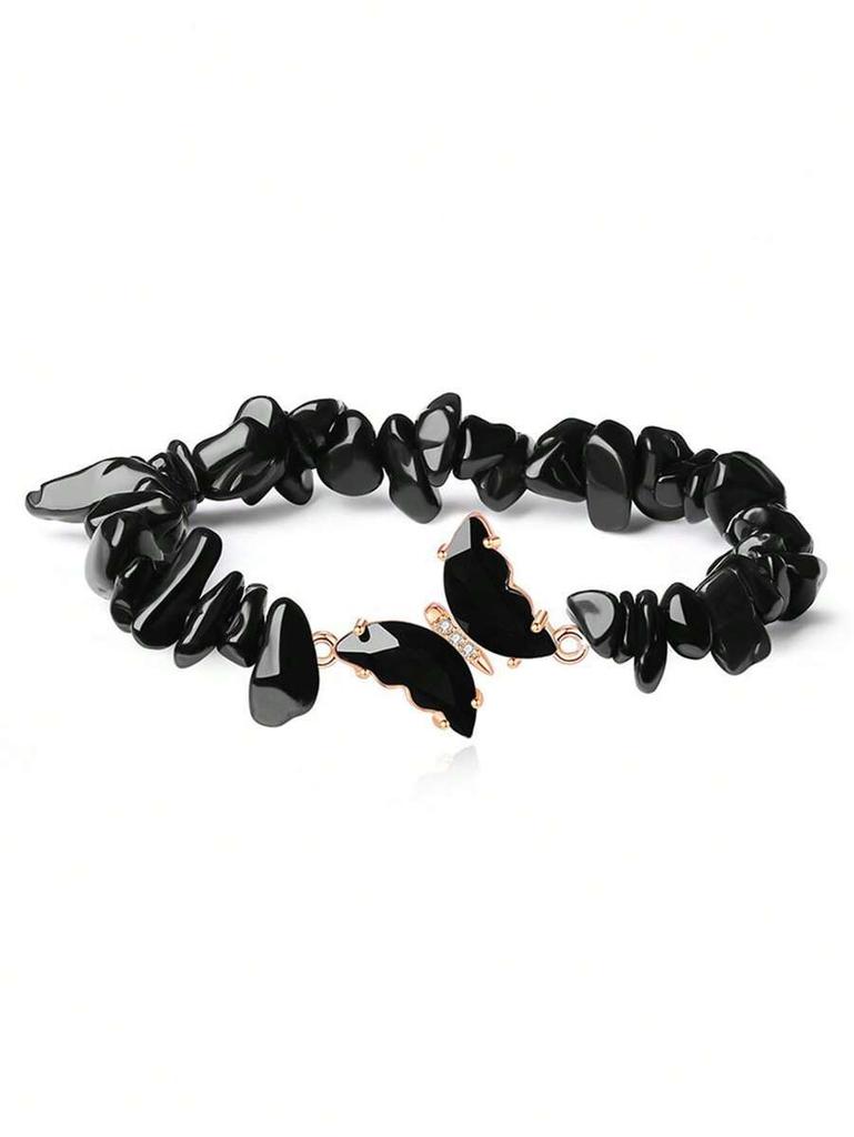Festive Gifts Natural Chip Stone Beaded Bracelet Set With Butterfly Charms Delicate Fashion Jewelry For Women Daily Wear Simple Versatile Accessory