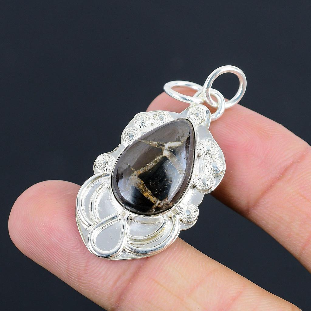 Natural Moroccan Mud Crack Fossil Gemstone Pendant Brown 925 Sterling Silver