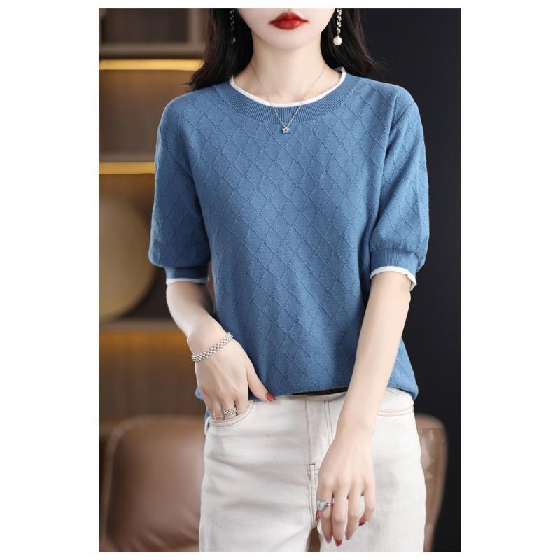 Cotton Thread Pullover Women Short Sleeved Round Neck T-shirt Color Blocked Diamond Shape Thin Knit Bottoming Shirt Simple Casual Commut Spring Autumn