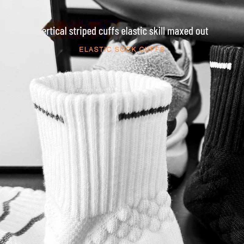 Unisex Medium Tube Cotton Sports Socks for Marathon, Autumn/Winter - White Towel Bottom, Black.