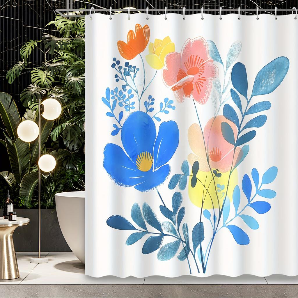 1pc watercolor fresh cartoon plant blue flowers and leaves shower curtain, bathroom decoration, including bath curtains and