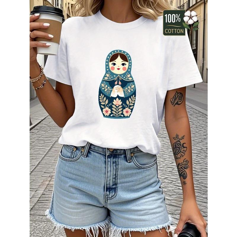 Women's Russian Matryoshka Doll Floral Print T-Shirt Casual Crew Neck Short Sleeve Stylish Top