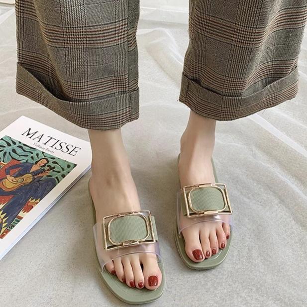 2025 Nauji madingi šlepetės moterims vasarai lauko dėvėjimui, kvadratinė sagtis, permatomos, kasdienės, studentų šlepetės