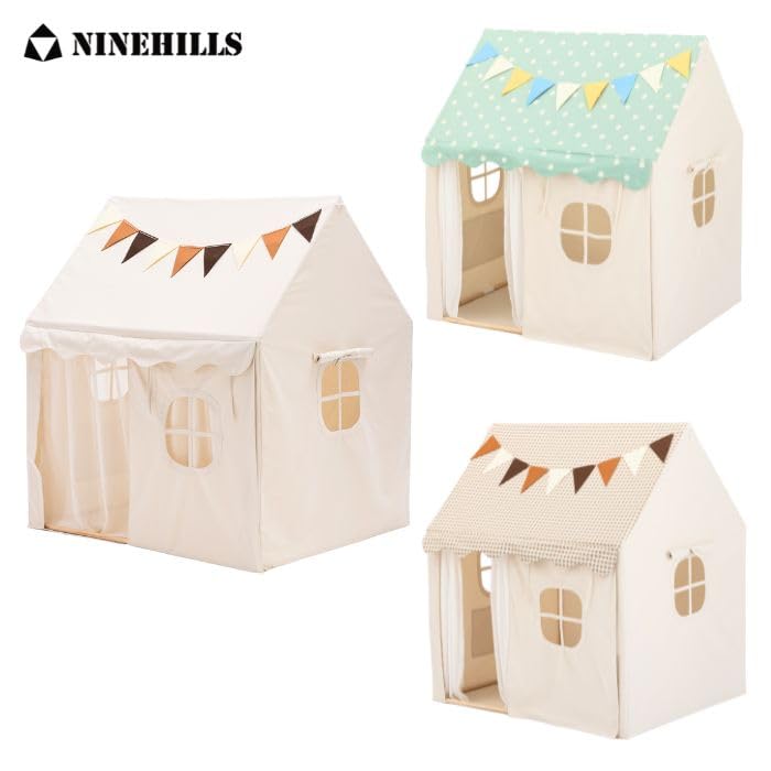 NINEHILLS Kids' Tent, HOME, Greige, Outdoor Camping Teepee, Stylish, 100% Cotton, Wooden Tent House for Kids, Foldable, Indoor Use, Kids' Corner,