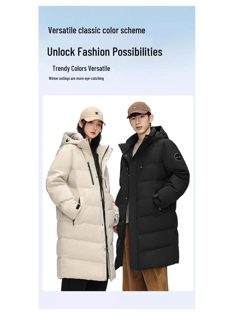 Unisex High-End Long Over-the-Knee Down Jacket: 90% White Duck Down, Loose Fit, Hooded Winter Coat