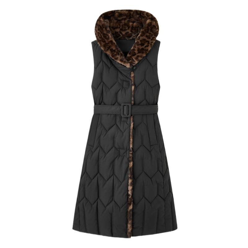 Leopard print plus slim-fit hooded cotton vest to keep warm in autumn and winter women's long and thin double-sided down cotton vest vest