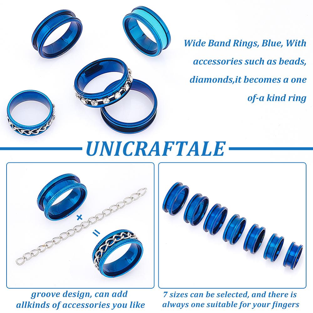 14 Stück 7 Größen Unisex Edelstahl Rillen Fingerring Sets, Breite Bandringe, Blau, Innendurchmesser: 16~22,1mm, Schlitz: 4mm, 2 Stück/Größe