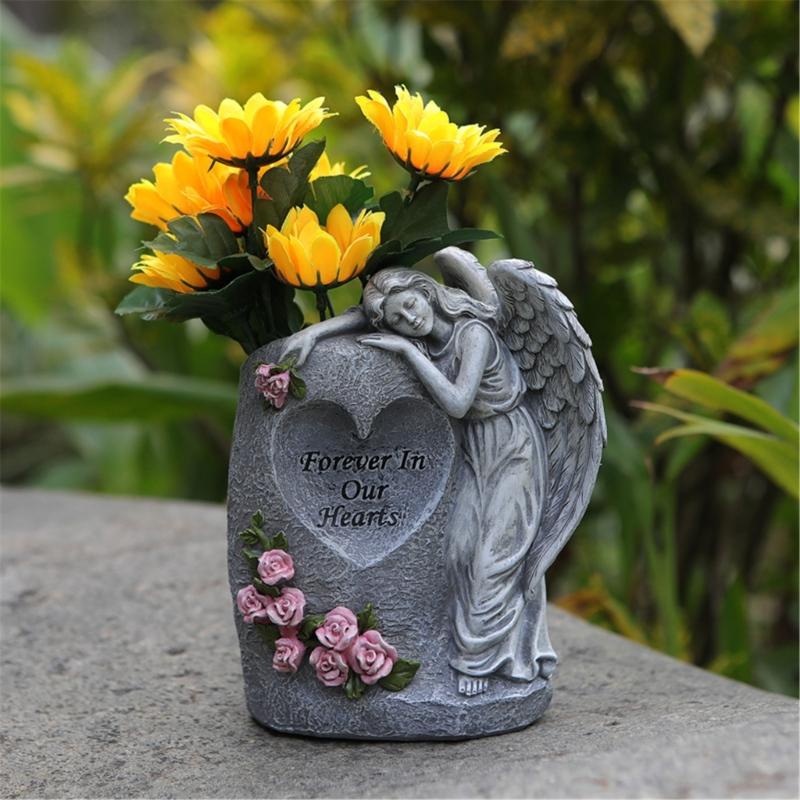 Harts Solcellsdriven Ängelfigur Vas med Markspikar Utomhus Minnesmärken Trädgård Kyrkogård Dekoration Prydnad Gåva