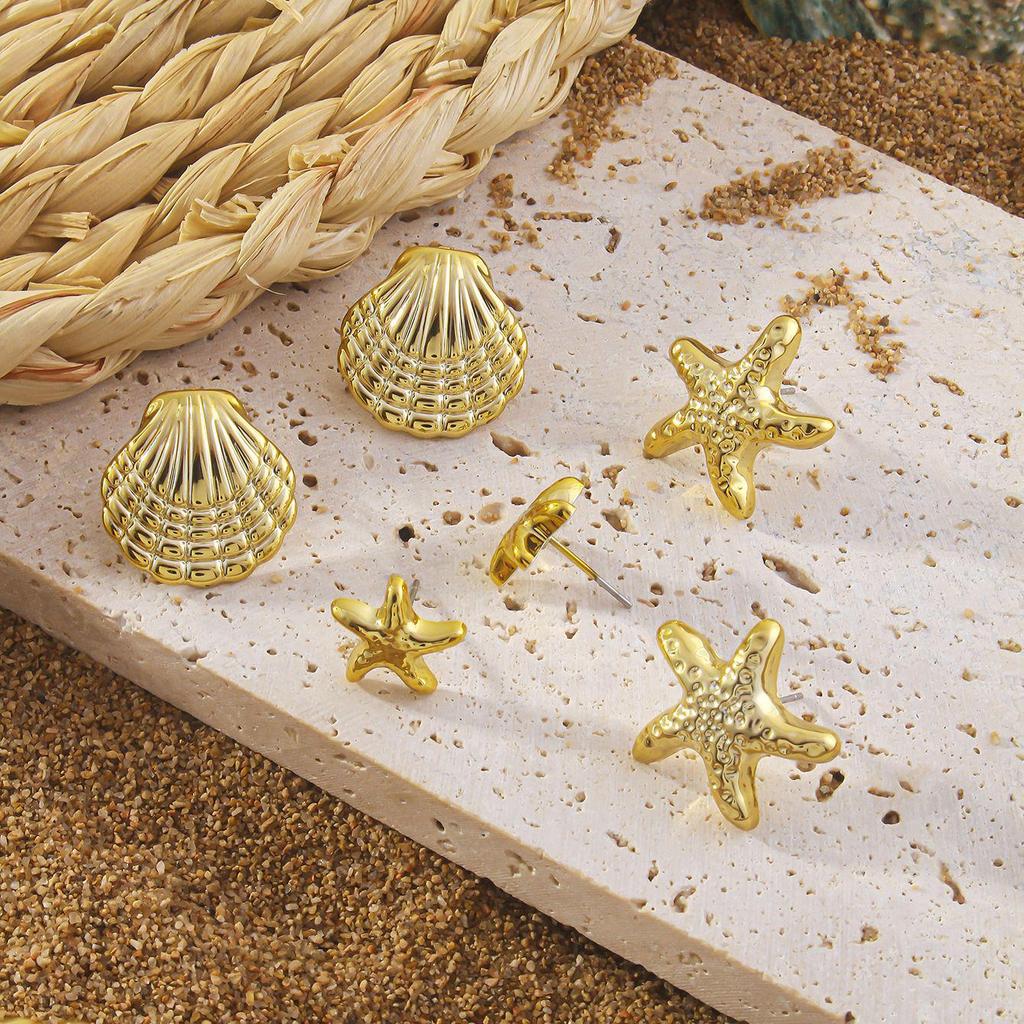 3 Paia di Orecchini a Bottone Geometrici Stella Marina & Conchiglia da Donna - Set Moda Estiva