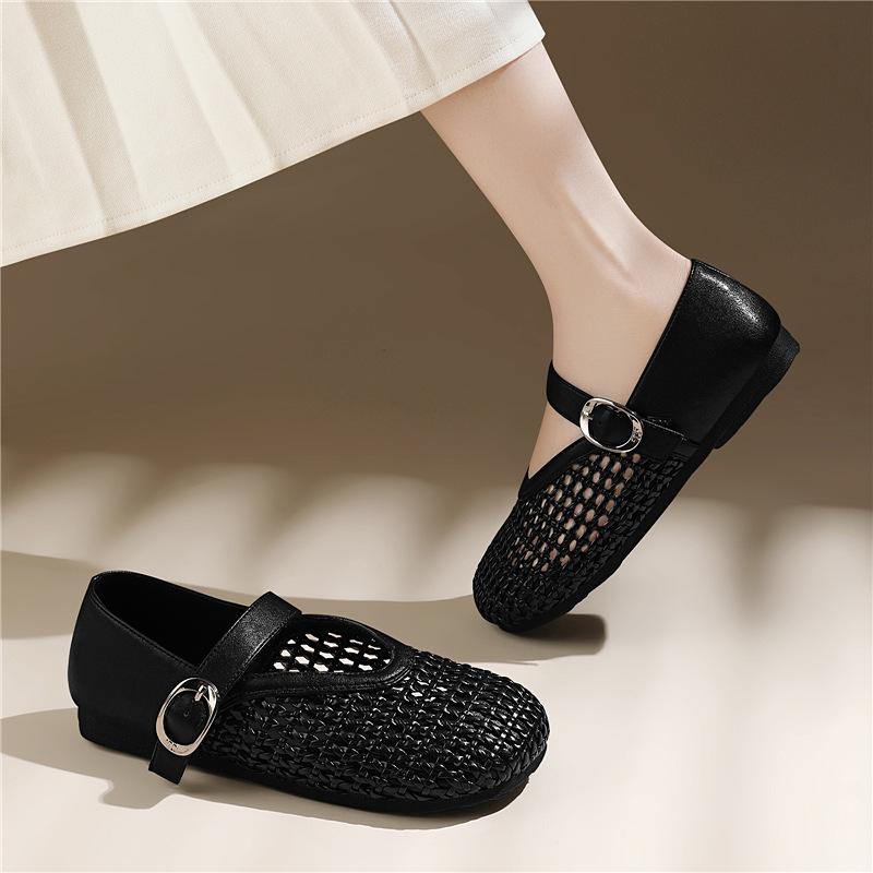 Breathable Mesh Small Single Shoes Women's Summer New One-word Buckle with Flat Bottom Comfortable Shallow Mouth Round Head Women's Shoes Fashionable