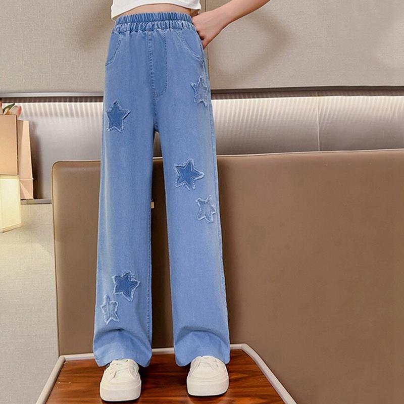 5-16 Years Kids Girls Pants Star Embroidered Casual Jeans