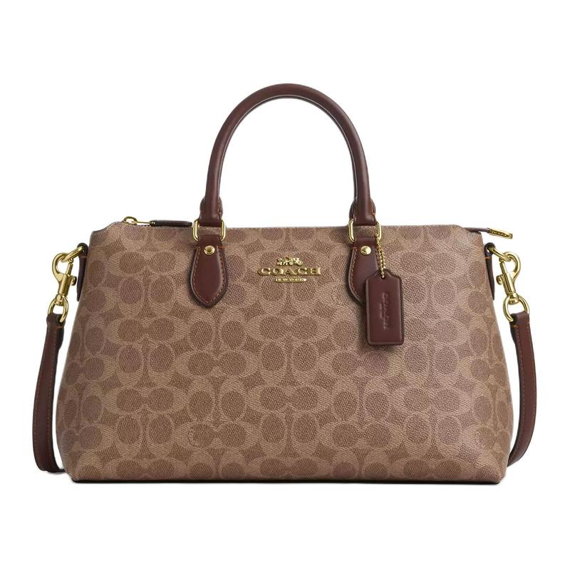 

COACH Rowan 32 gold micro-label zipper closure PVC leather shoulder crossbody handbag large size women s tan золотий
