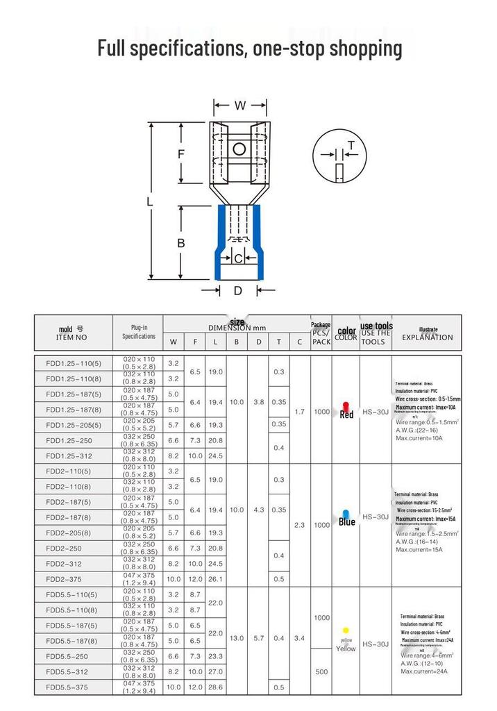 KT Keshitong Brass MDD1.25-110-187-250 Male Pre-insulated Crimp Terminal Tab
