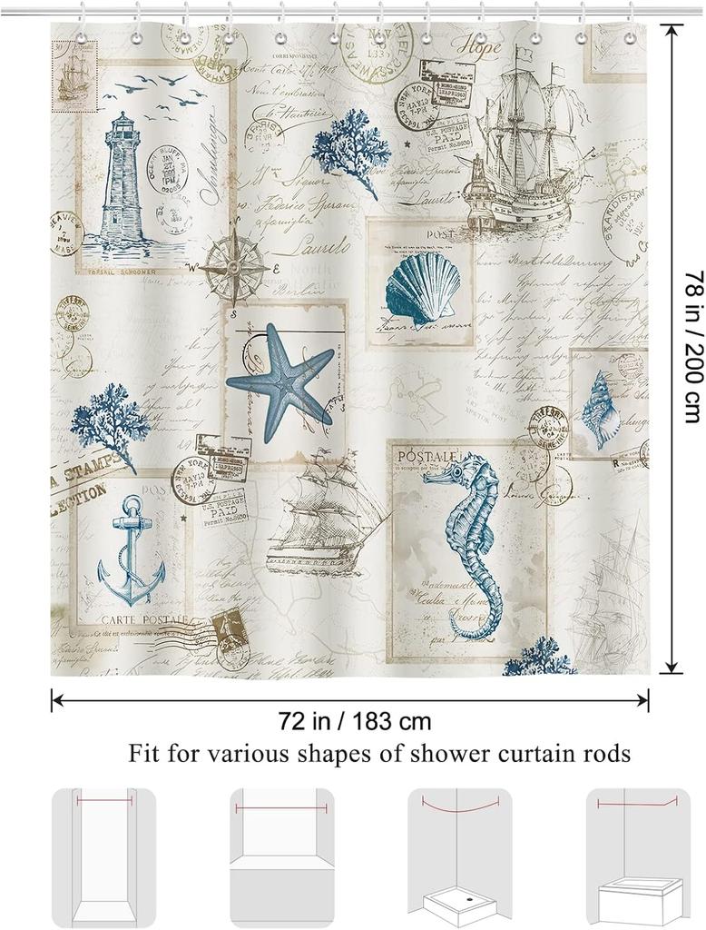 Modern Nautical Anchor Lighthouse Sailing Shower Curtain 180 X 200cm Washable Polyester Shower Curtain with 12 Hooks
