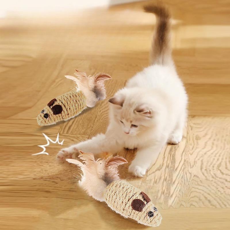 3 Stück Hanfseil Maus Kratzfest und Bissfest Katze Selbstglück Spielzeug Simulation Feder Glocke Lustige Katze Kleine Maus
