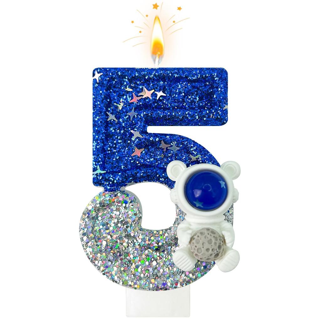 Spaceship Astronaut 0-9 Universe Sparkler Candle for Birthday Cake Boy, Topper for Party Decorations Anniversary Celebrations