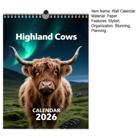 Highland Cow Calendar 2026 Jan 2026 - Dec 2026 12 Month Planner Scottish Wall Art Decor for Home Office
