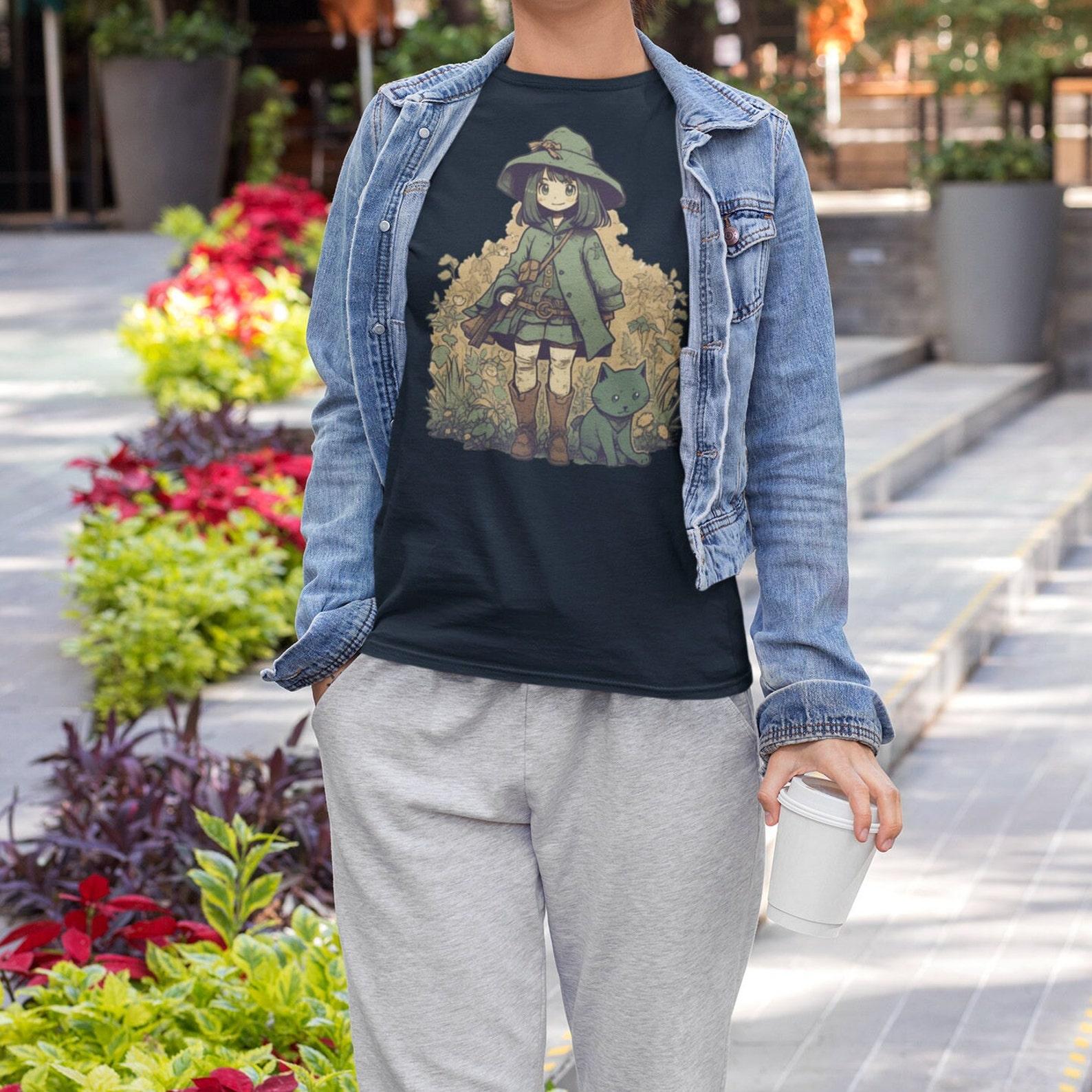 Retro Anime Witch T-Shirt, Vintage Green Nature Design S