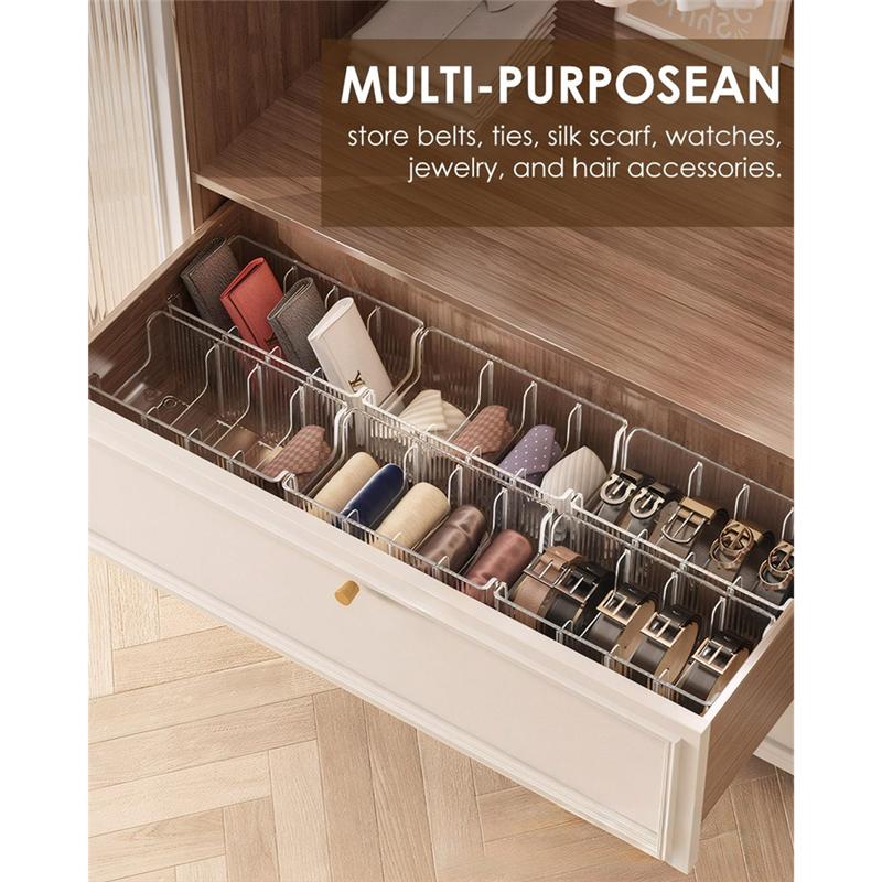 Clear Belt Holder Display-1-Pack For Closet& Drawer Acrylic Belt Organizer 8 Detachable Compartments Fits Most Sizes