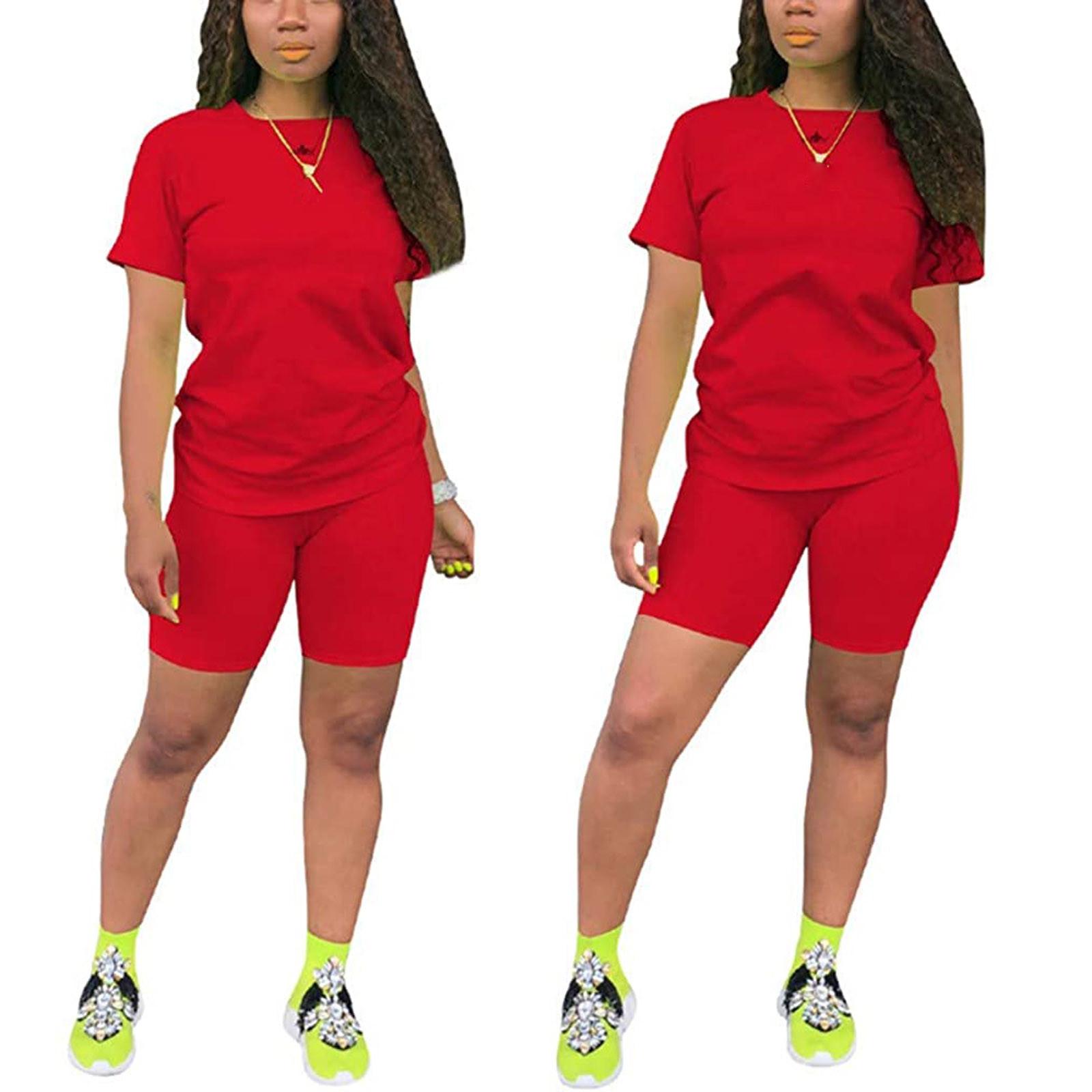 

Женский повседневный спортивный однотонный костюм из 2 предметов, комплект из топа и брюк с короткими рукавами S красный