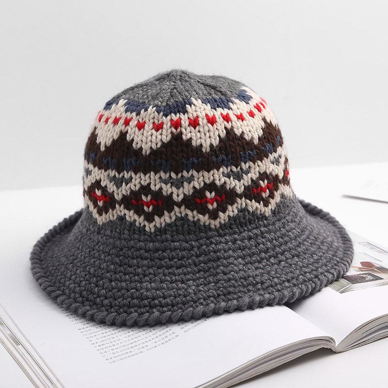 Coarse Wool Fisherman Hat for Women In Autumn and Winter Versatile Street Handmade Crochet Knitted Wool Hat Japanese Literary Curly Basin Hat