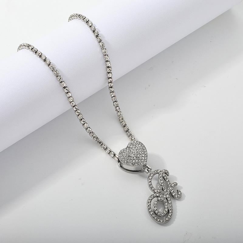 26 Flower Letter Necklace: Hip Hop Heart Pendant with Full Diamond Inlaid Tennis Chain for Women