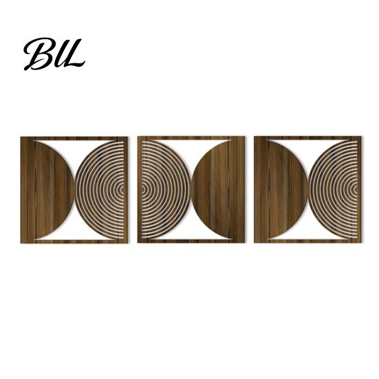 Elegant Handcrafted Wall Art 3 Pcs Minimalist Abstract Modern Boho Half-circle Line Hollow Out Natural Wood Home Decor Rustic Geometric Hanging A