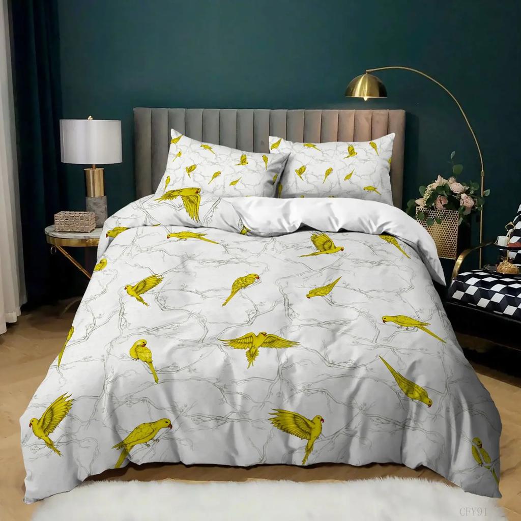 Parrot Duvet Cover King Size Realistic Looking Birds On Branches Macaw Tropical Wildlife Bedding Set Soft Polyester Quilt Cover