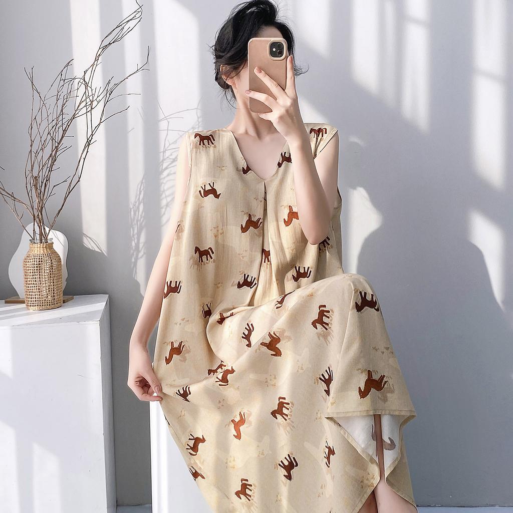 Retro style floral nightdress with chest pad women's summer thin anti-bumping loose large size can be worn outside loungewear skirt