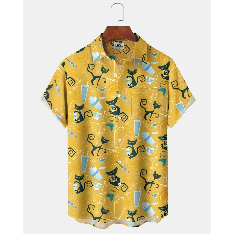 Men's Cute Cat Cartoon Geometric Print Hawaiian Shirt Short Sleeve Casual Beach Vacation Summer Button-Up Top