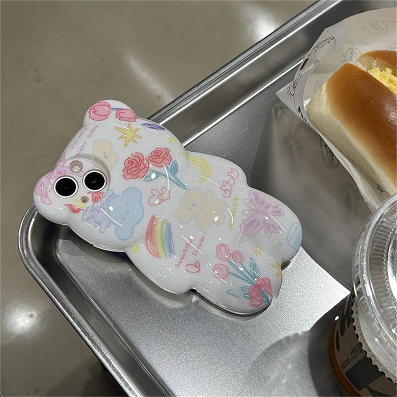 Korejský roztomilý graffiti květinový 3d kreslený obal na medvěda pro iphone 14 13 12 11 Pro Max Lovely Animal lesklý nárazuvzdorný měkký kryt Funda