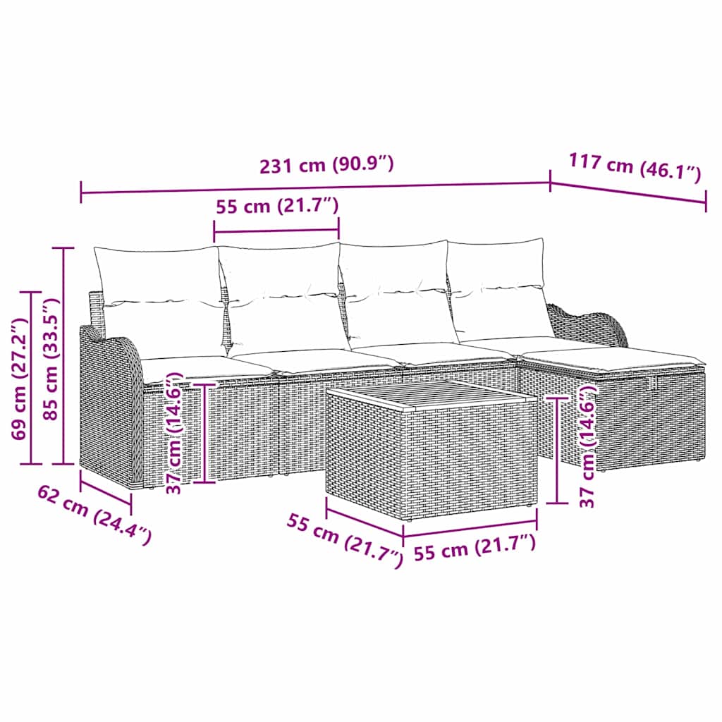 Garden Sofa Set with Cushions 6 pcs Black Poly Rattan
