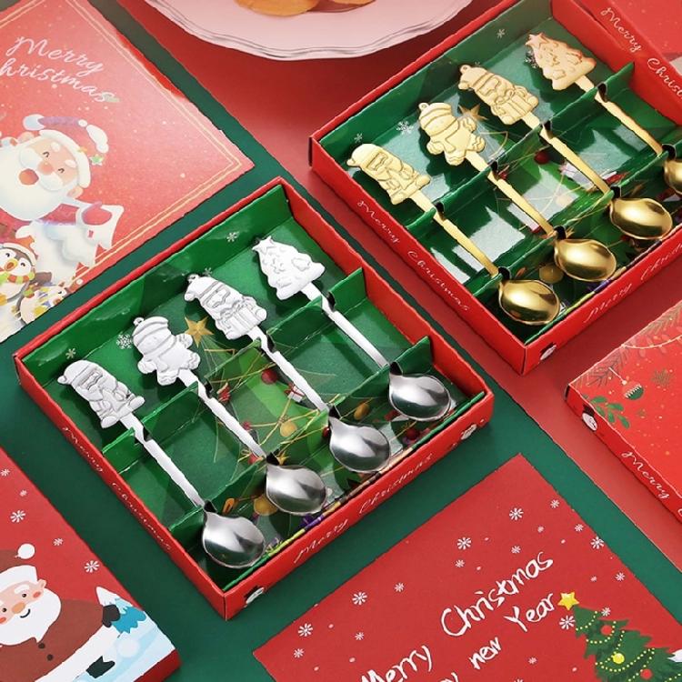 4Pcs Christmas Trees Santa Tea Spoon Gingerbreads Man Dessert Drink Mixing Spoon