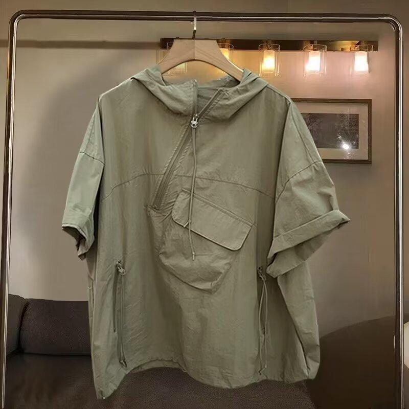 

Men Men s Hop Streetwear Hoodie Zipper Strap Decor Flap Pocket Detail Loose Fit Short Sleeves XXXL зелений