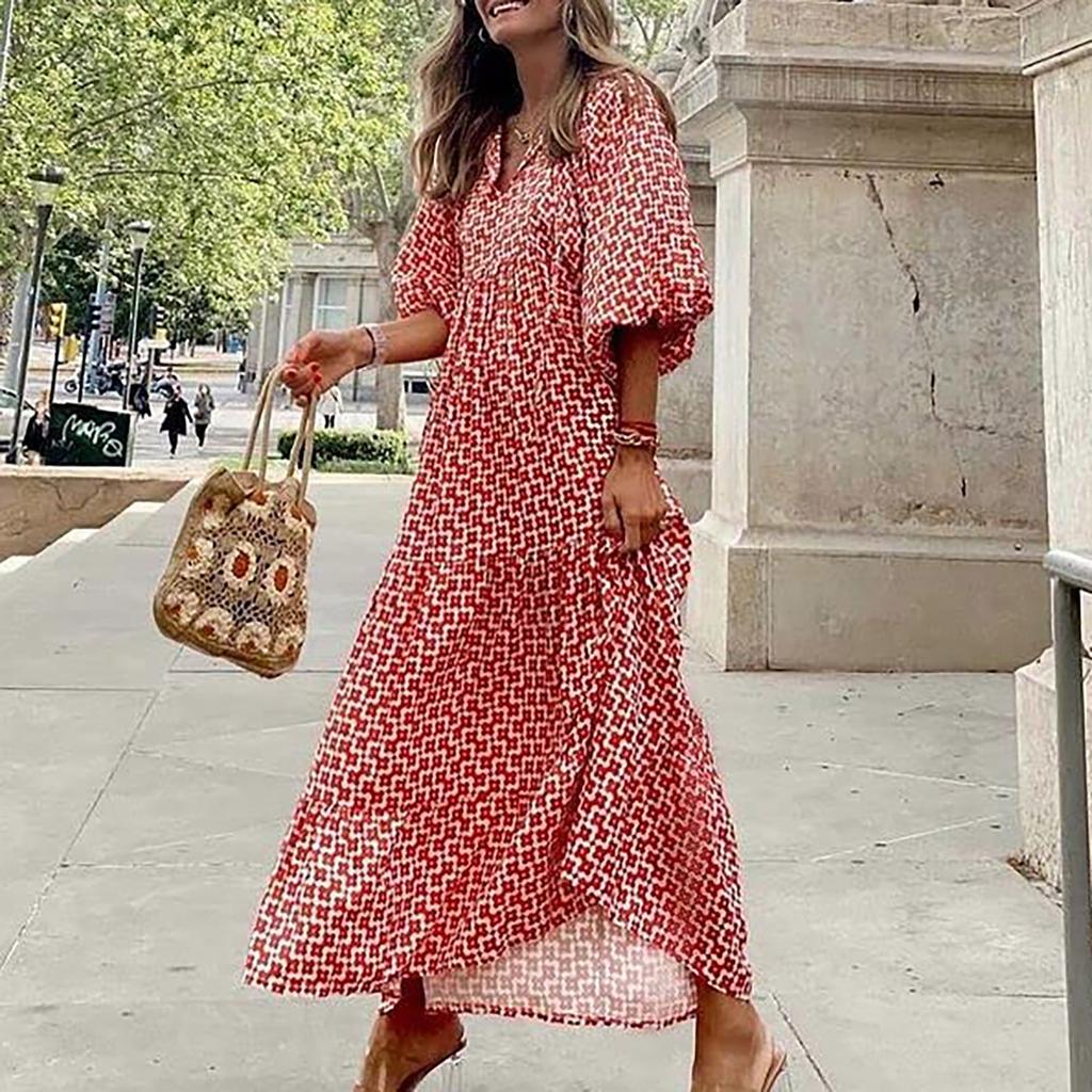 Rochie lungă boemă cu imprimeu floral pentru femei, cu decolteu în V, la modă, la modă, la plajă