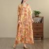 Dimanaf 2025 Plus Size Summer Women Printing Long Dress Short Sleeve Vintage Casual Linen V-Neck Basic Loose Dress