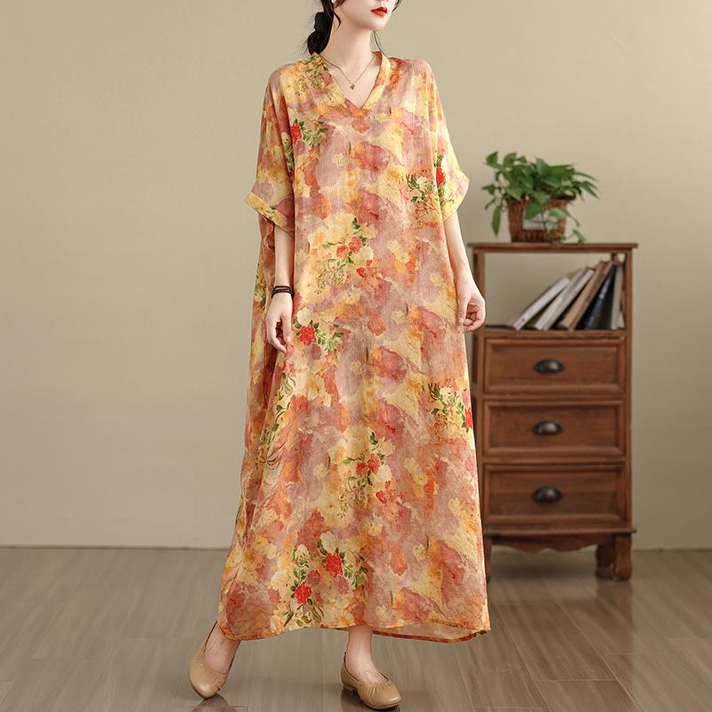 DIMANAF 2025 Plus Size Summer Women Printing Long Dress Short Sleeve Vintage Casual Linen V-Neck Basic Loose Dress